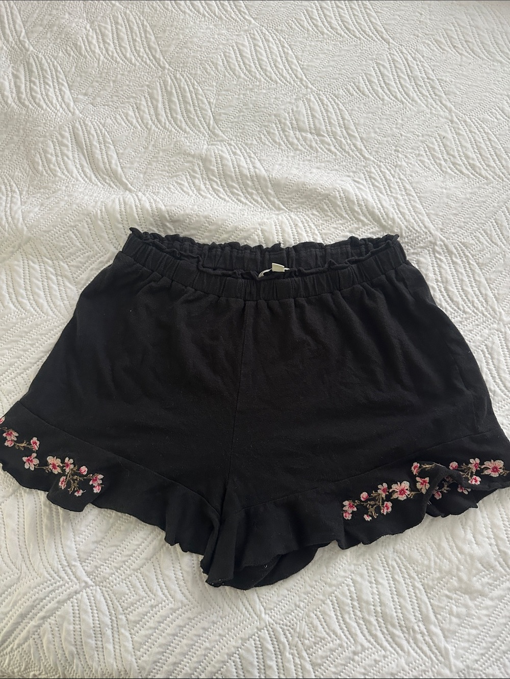 AE Black Ruffle Hem Shorts with Pink Floral Embroidery